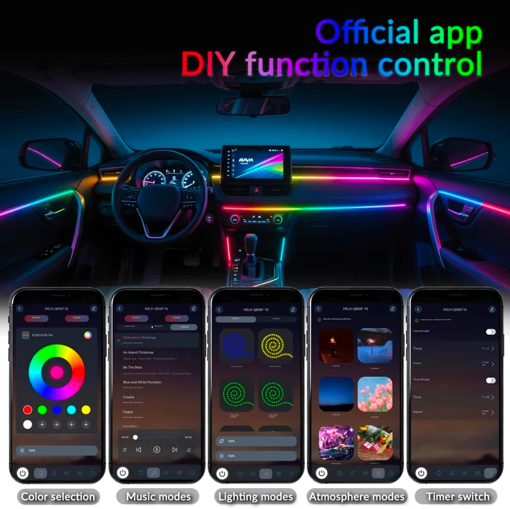 Kit Lumini Ambientale RGB Premium Interior Mașină SmartGlow™ 64 Culori APP